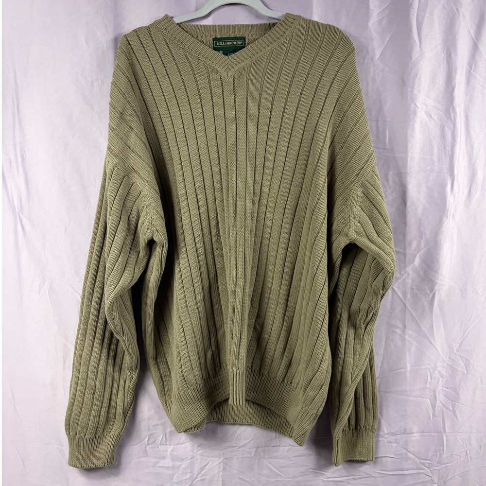 Hill & Archer Mens V-Neck Ribbed Knit Cotton Sweater Olive Green Khaki Large
